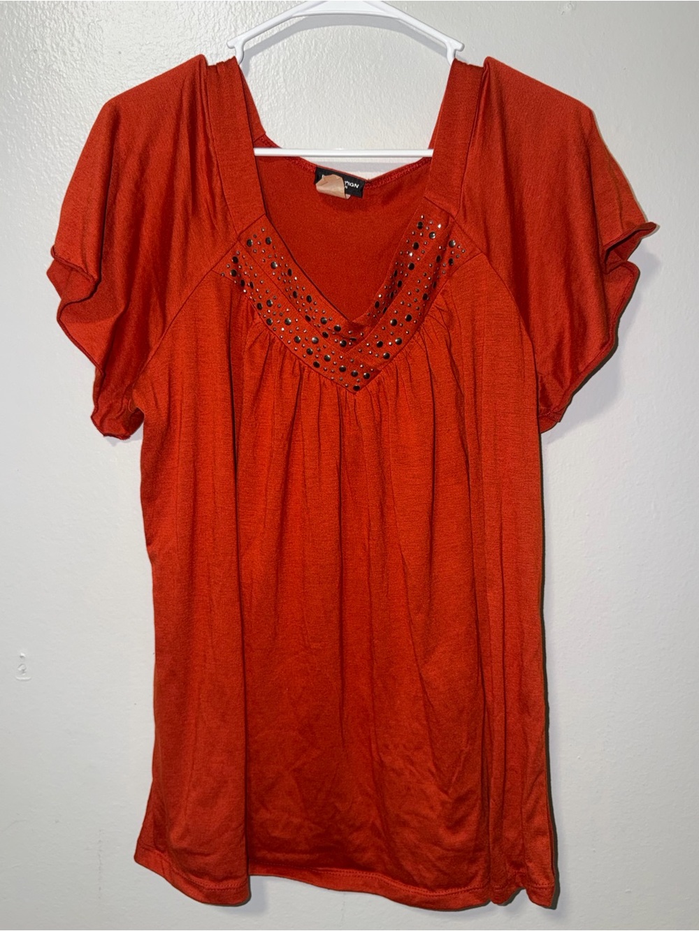 Perseption Rust Red Short-Sleeve V-Neck Top with Stud Accents